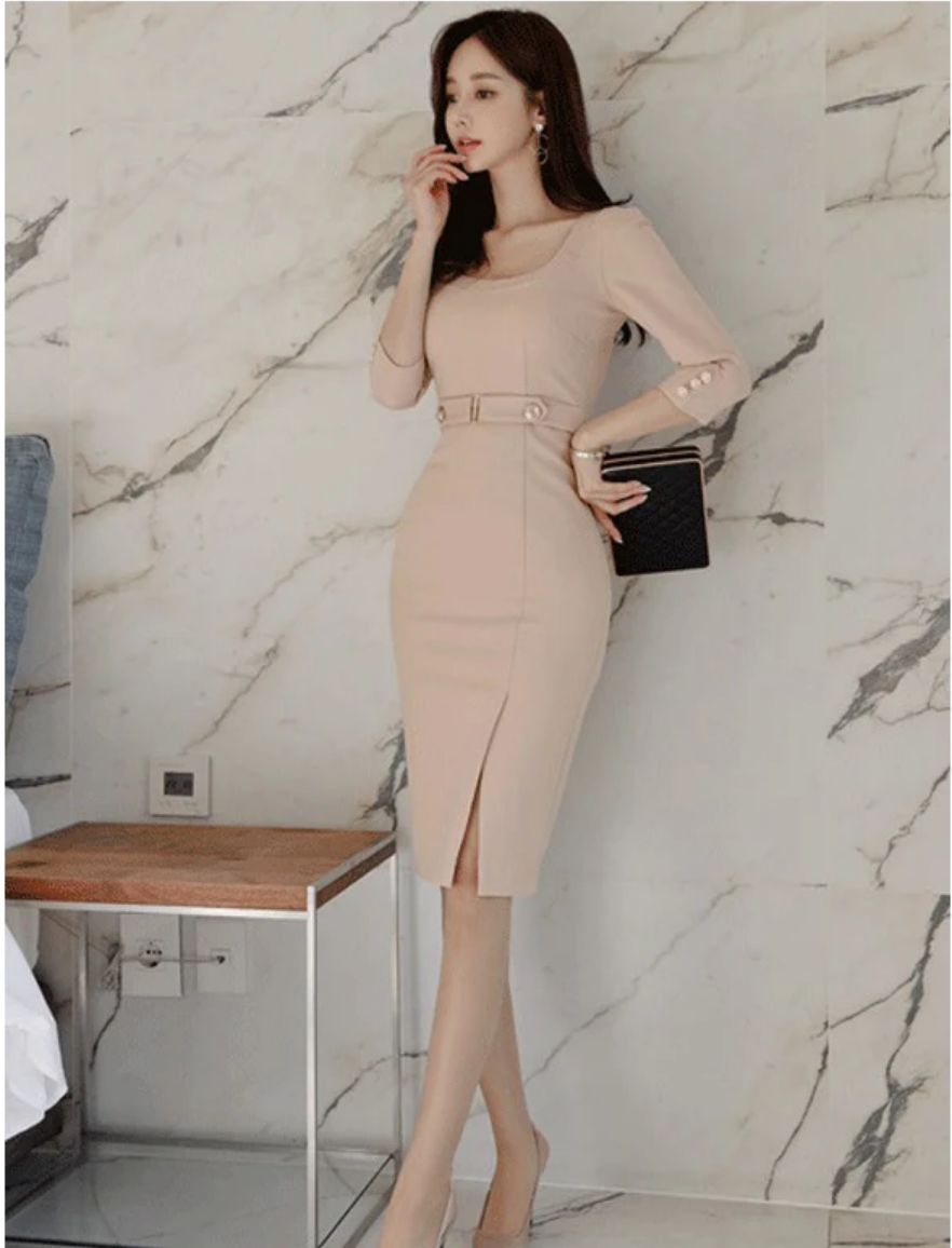 Korean Fashion Spring Autumn Solid Sexy O-Neck Slim Slit Midi Dress