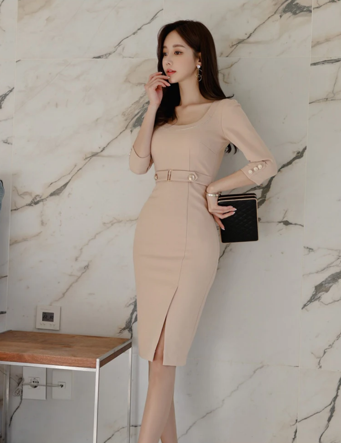 Korean Fashion Spring Autumn Solid Sexy O-Neck Slim Slit Midi Dress