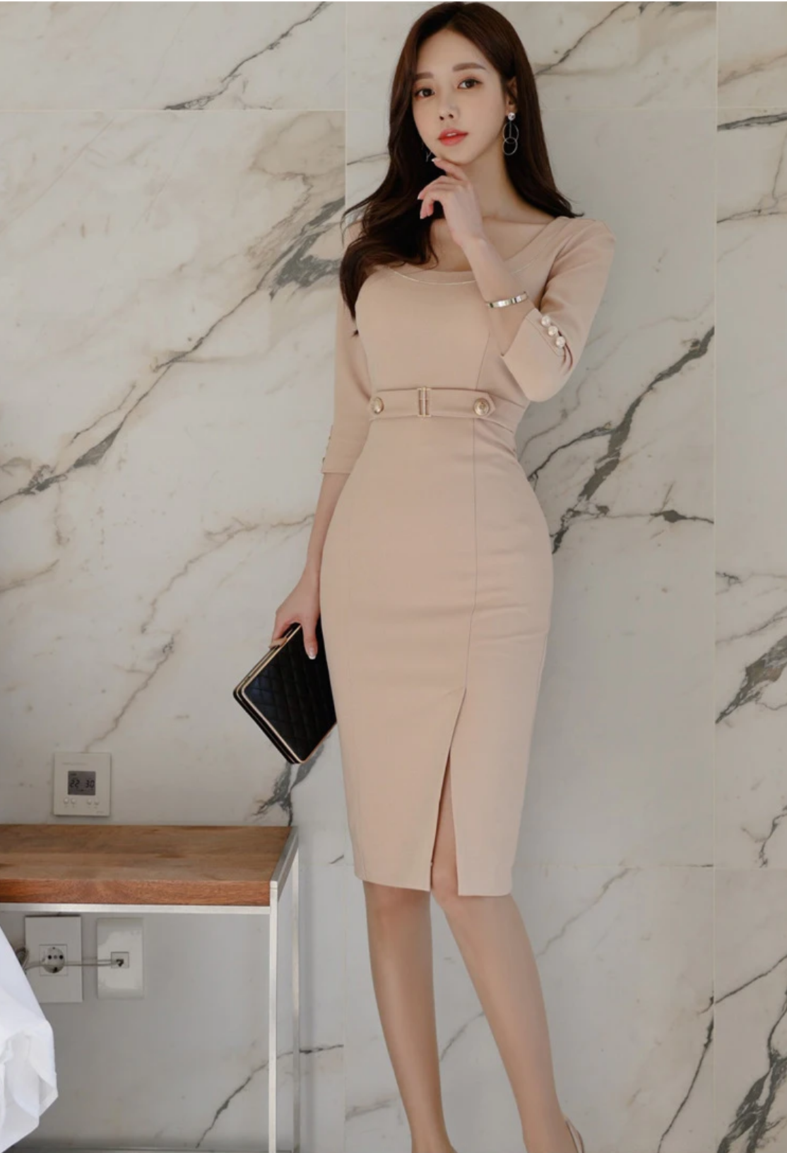 Korean Fashion Spring Autumn Solid Sexy O-Neck Slim Slit Midi Dress