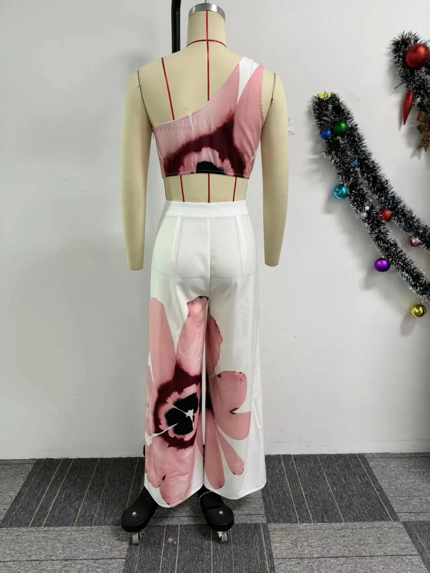 Floral Print Sleeveless Skew Collar Tops +Wide Leg Pants Two 2 Piece Set