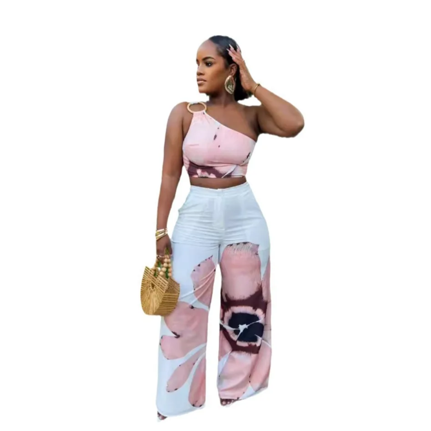 Floral Print Sleeveless Skew Collar Tops +Wide Leg Pants Two 2 Piece Set