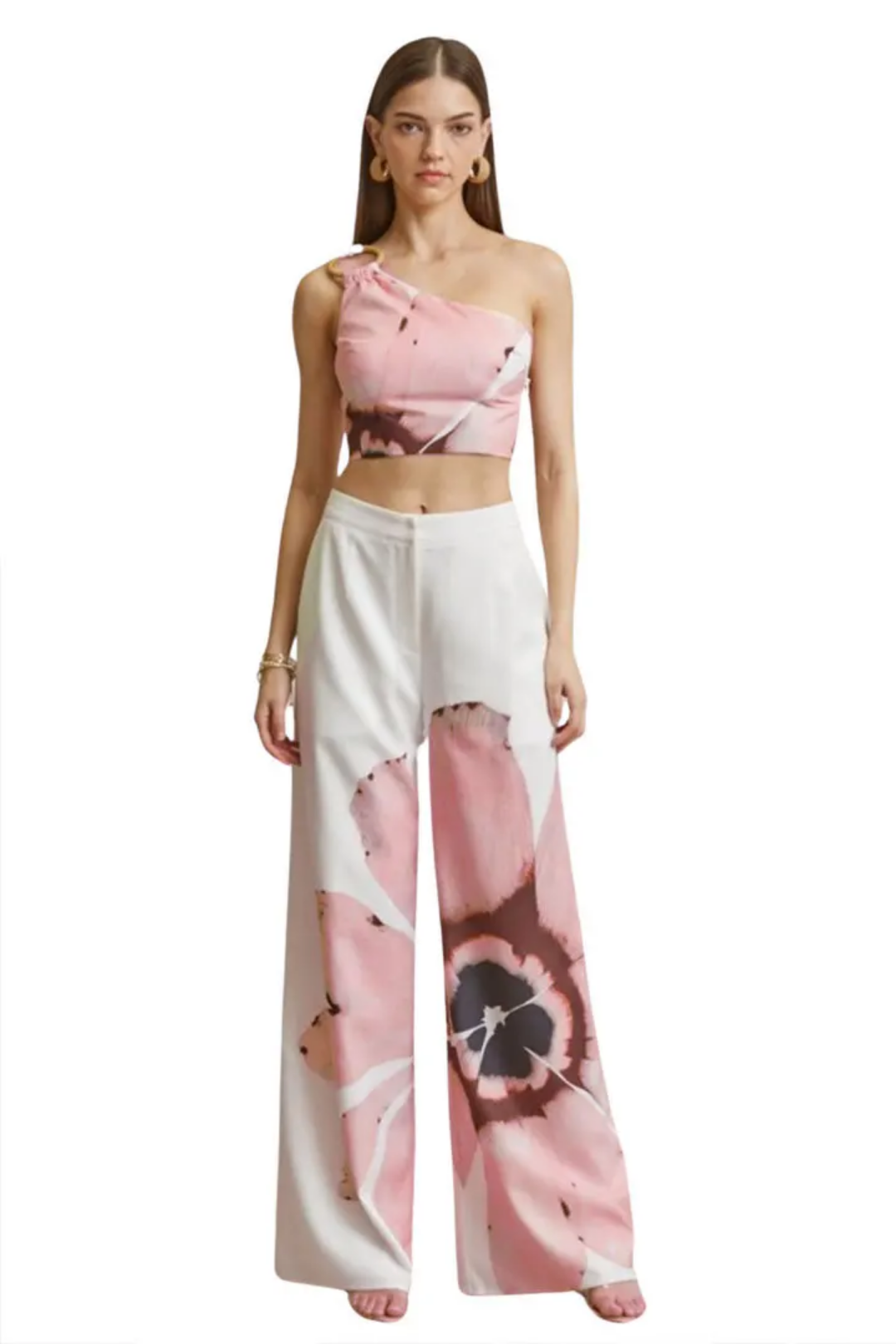 Floral Print Sleeveless Skew Collar Tops +Wide Leg Pants Two 2 Piece Set