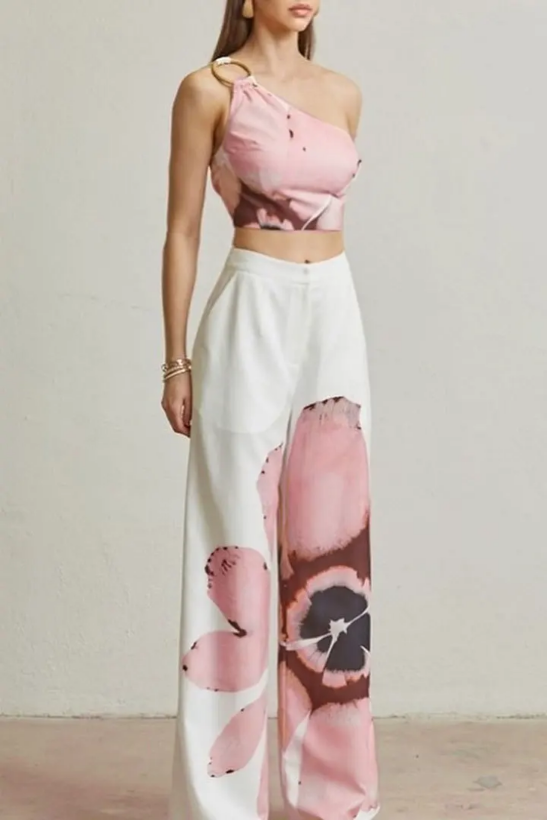 Floral Print Sleeveless Skew Collar Tops +Wide Leg Pants Two 2 Piece Set