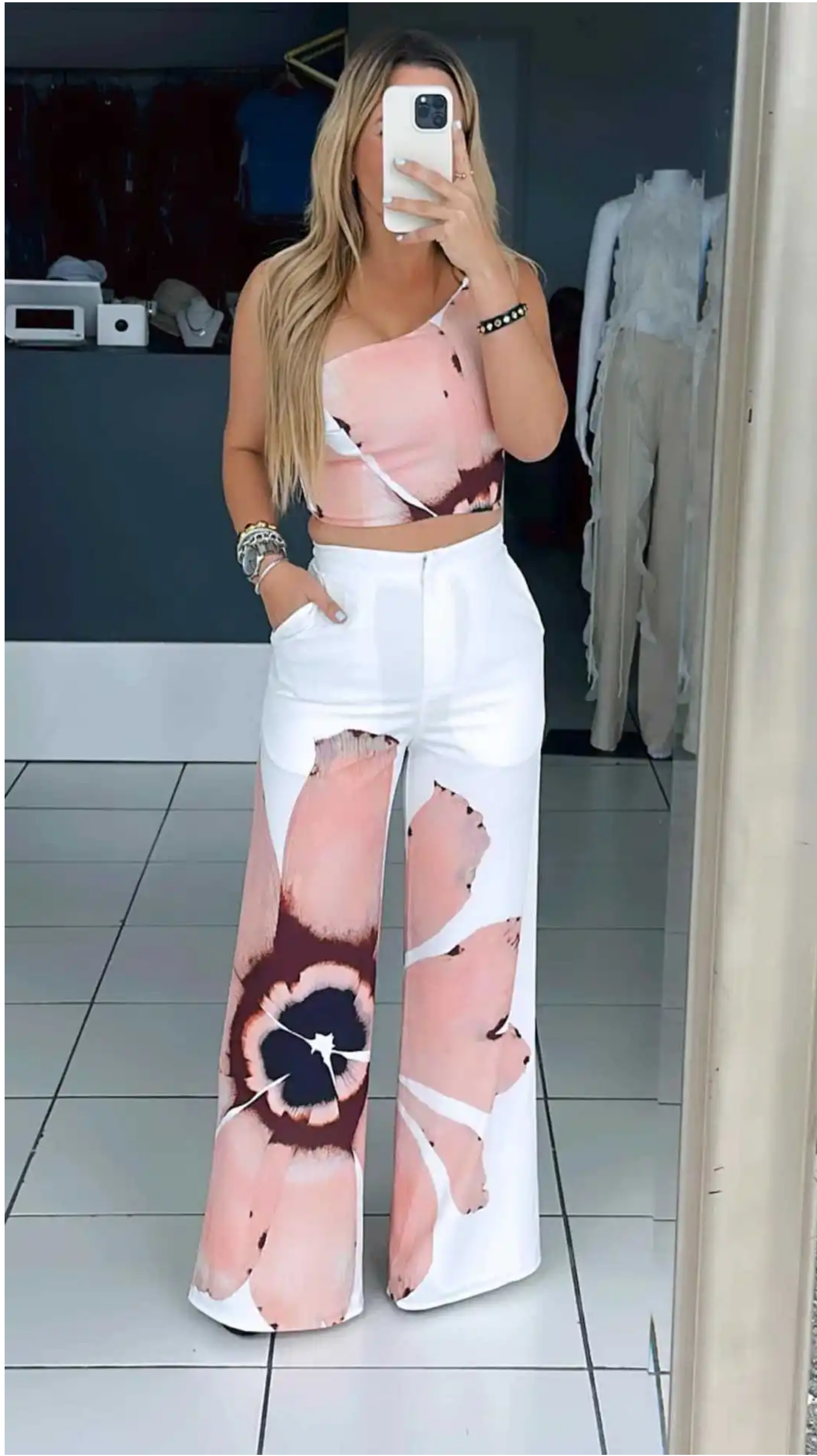 Floral Print Sleeveless Skew Collar Tops +Wide Leg Pants Two 2 Piece Set