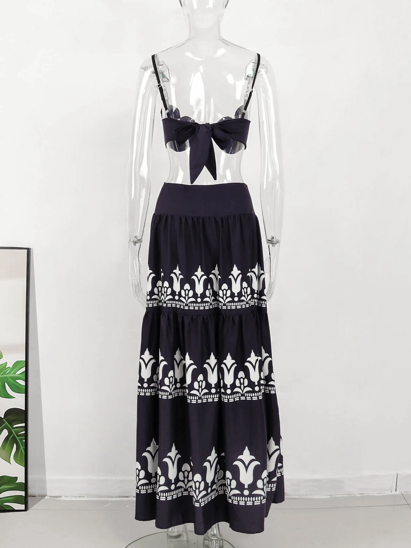 Print Beach Vacation Fashion Leaky Waist Crop Tops Long Dress Casual  Skirt Set