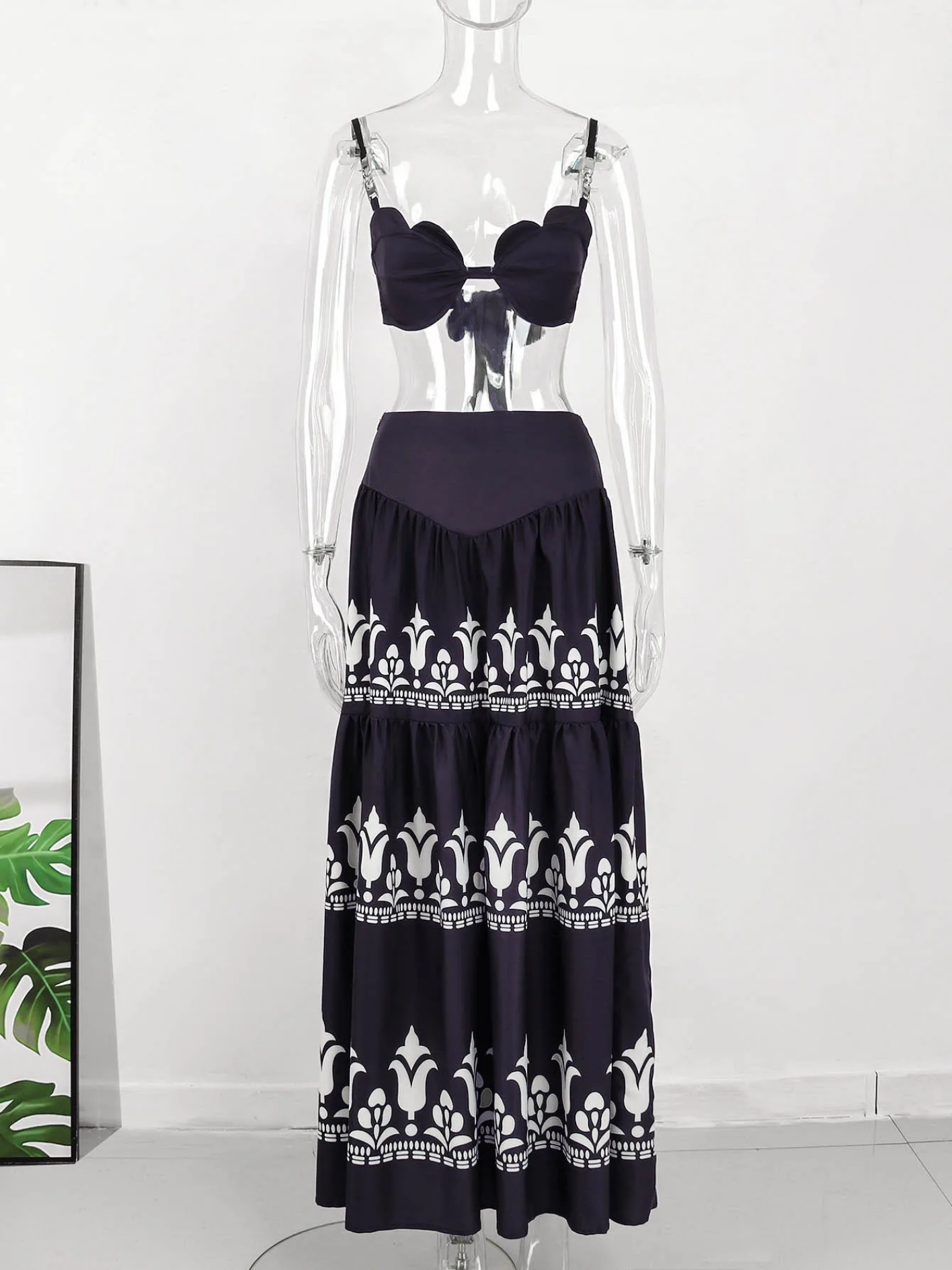 Print Beach Vacation Fashion Leaky Waist Crop Tops Long Dress Casual  Skirt Set