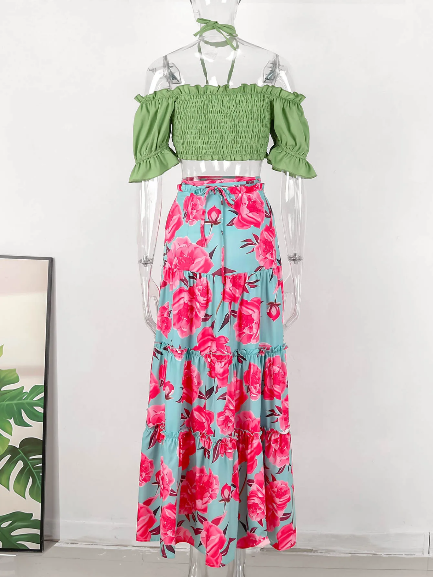 Print Beach Vacation Fashion Leaky Waist Crop Tops Long Dress Casual  Skirt Set