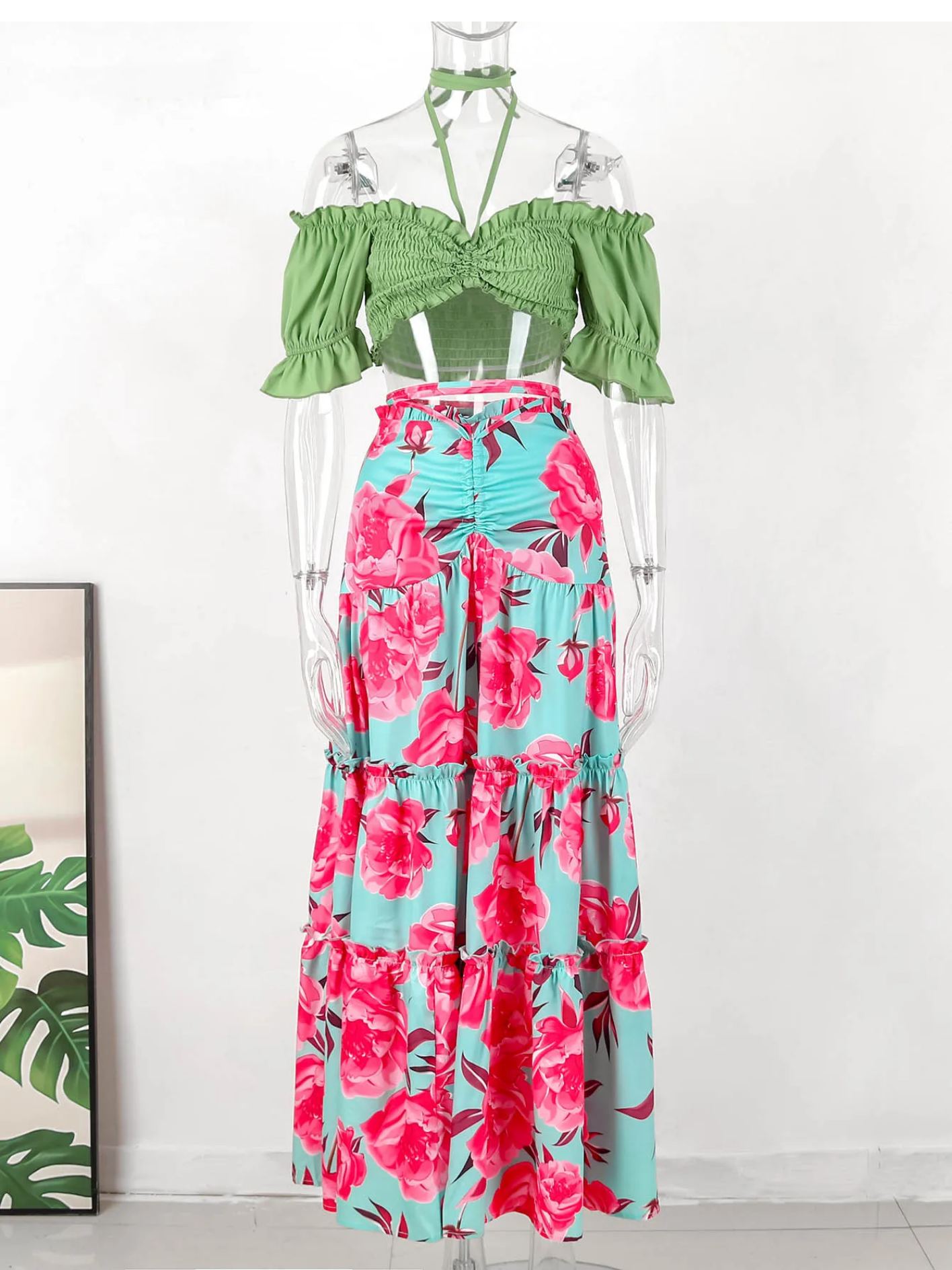 Print Beach Vacation Fashion Leaky Waist Crop Tops Long Dress Casual  Skirt Set