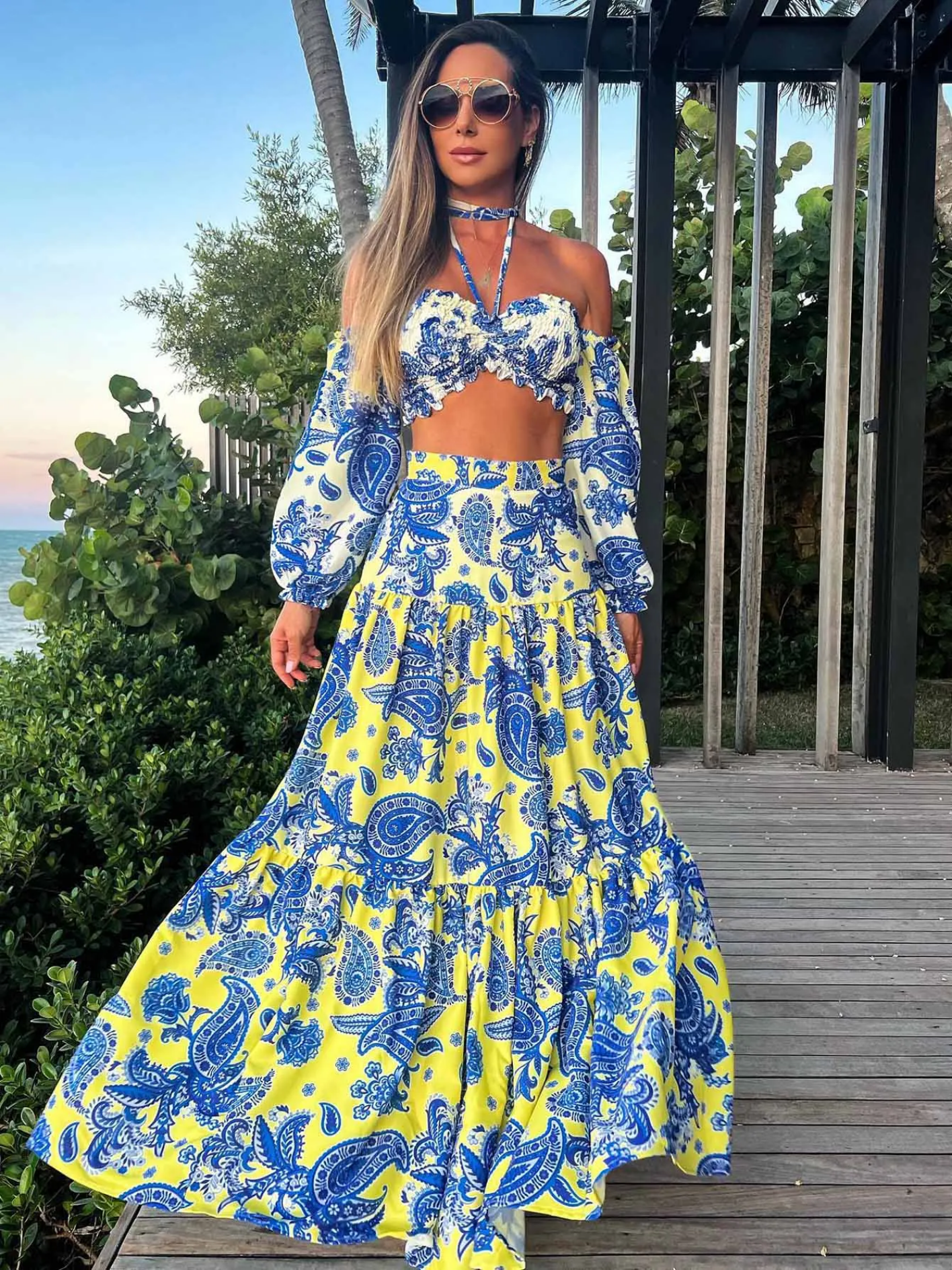 Print Beach Vacation Fashion Leaky Waist Crop Tops Long Dress Casual  Skirt Set