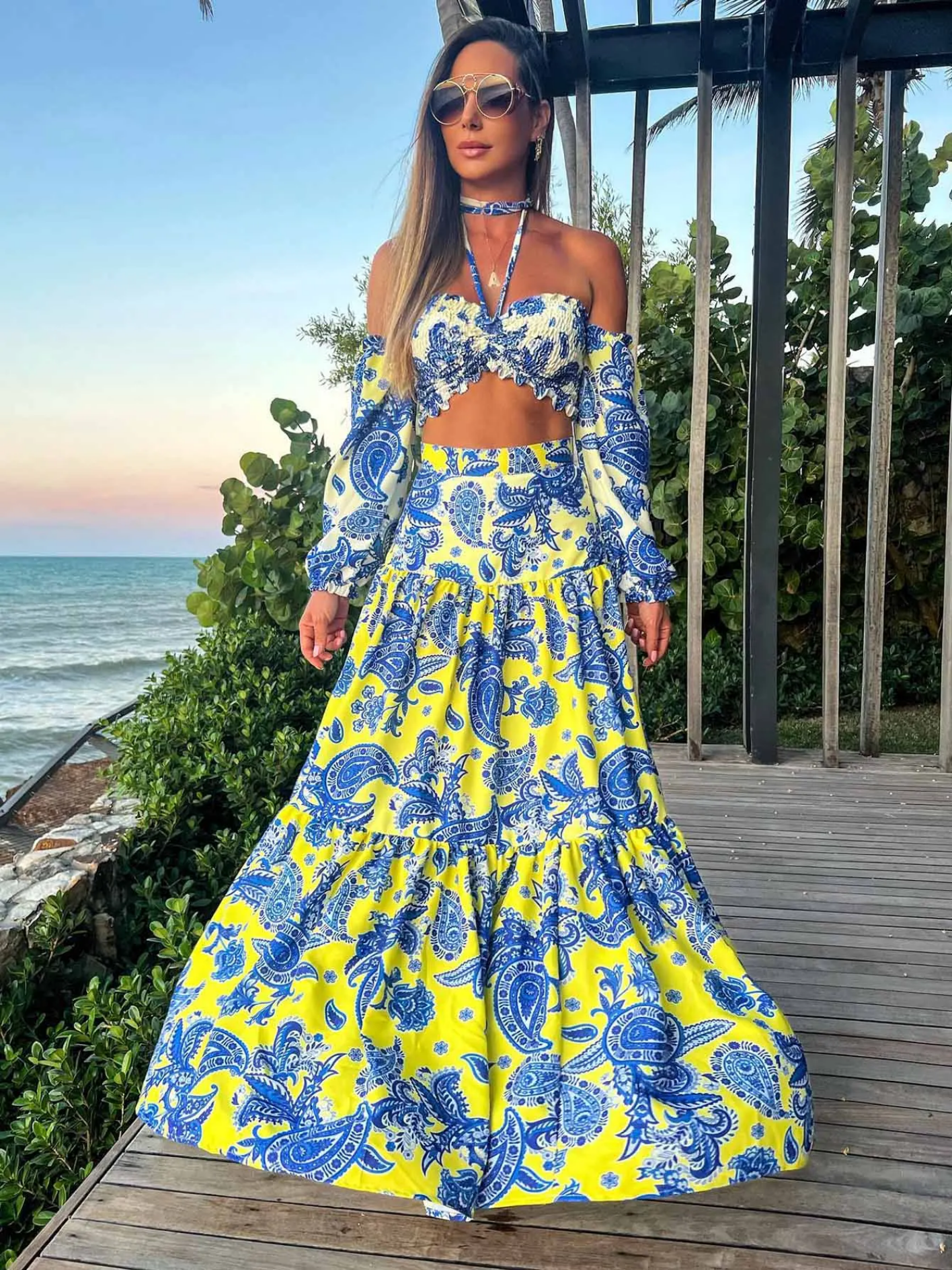 Print Beach Vacation Fashion Leaky Waist Crop Tops Long Dress Casual  Skirt Set