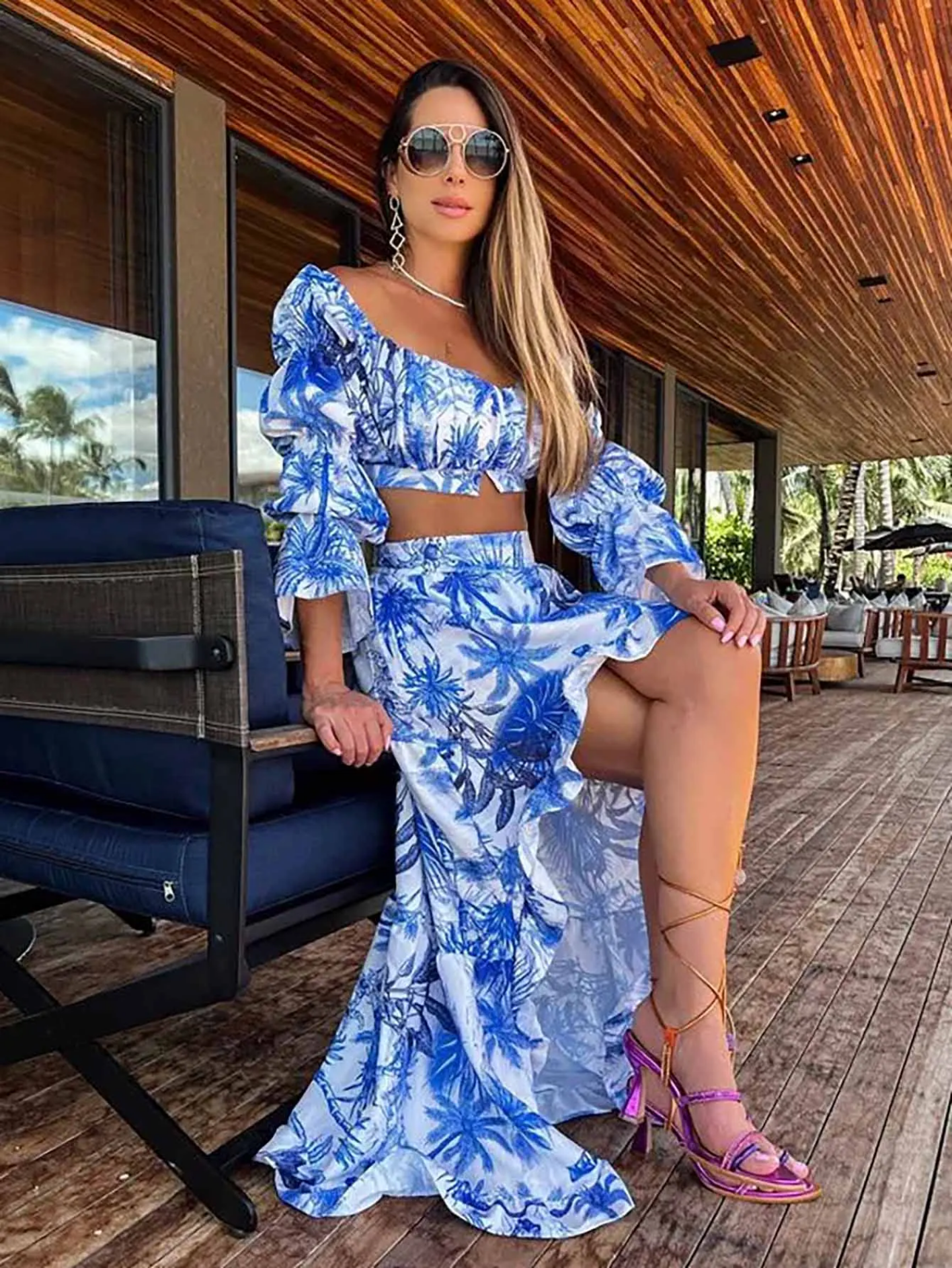 Print Beach Vacation Fashion Leaky Waist Crop Tops Long Dress Casual  Skirt Set