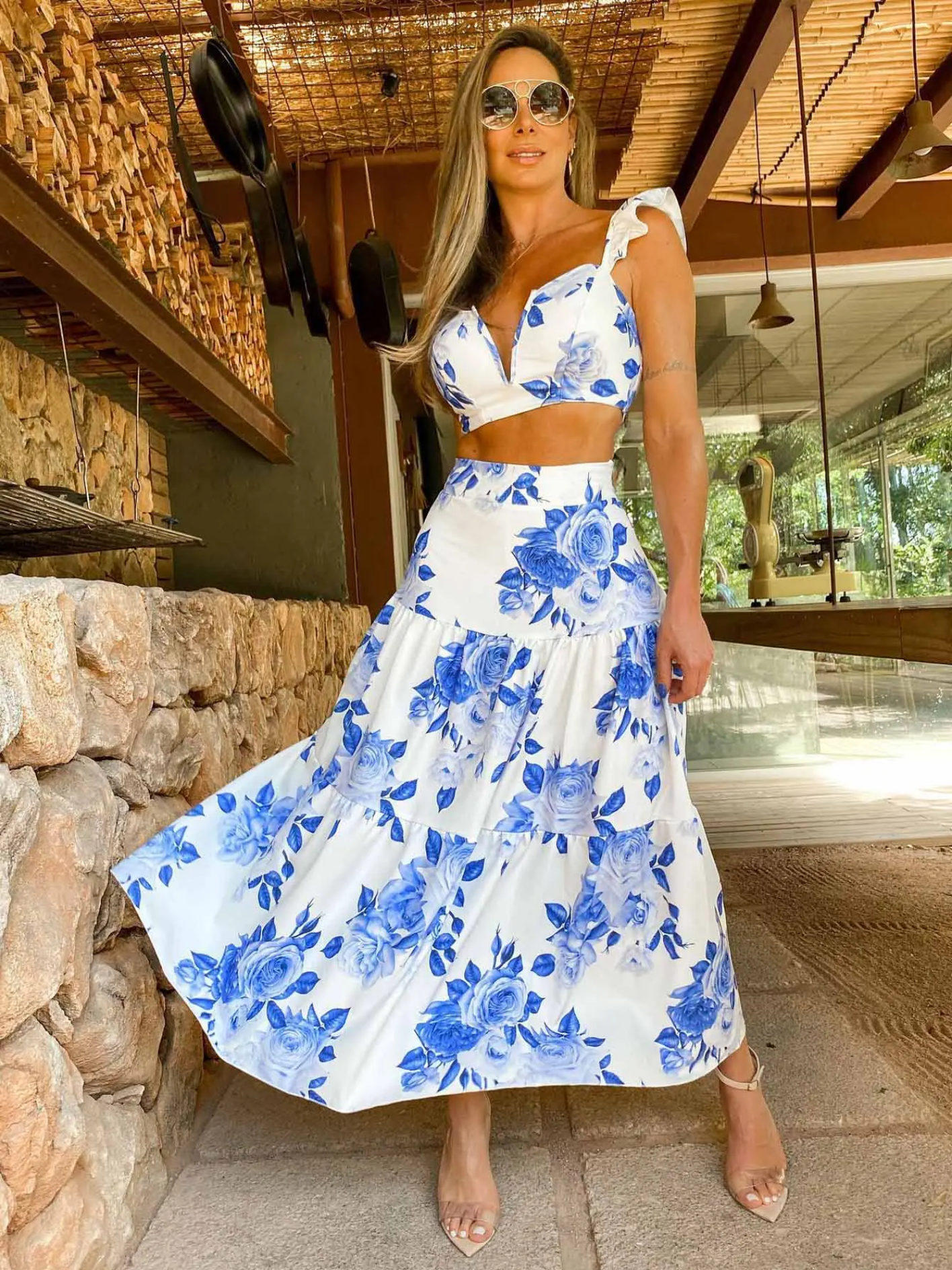 Print Beach Vacation Fashion Leaky Waist Crop Tops Long Dress Casual  Skirt Set