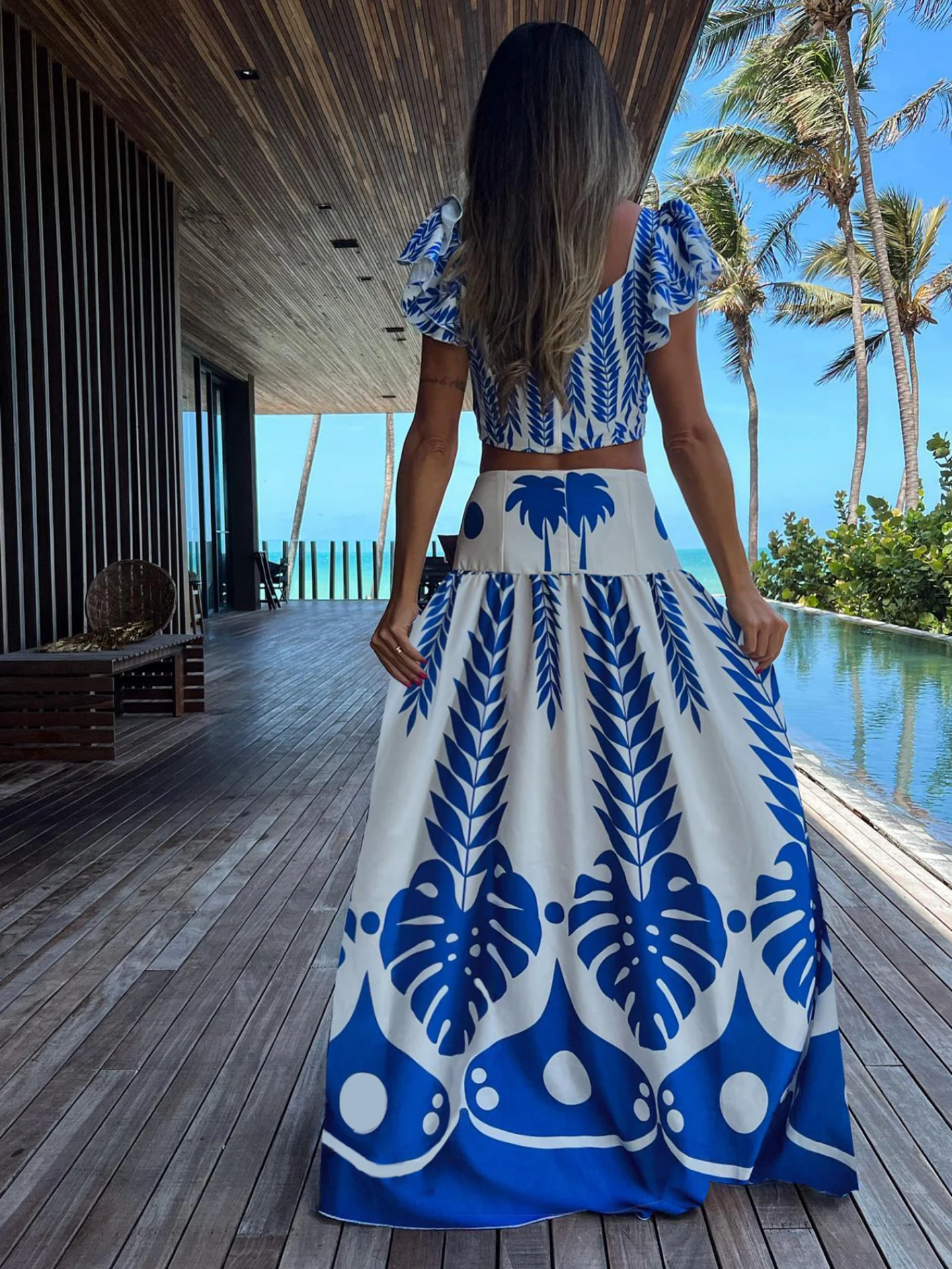 Print Beach Vacation Fashion Leaky Waist Crop Tops Long Dress Casual  Skirt Set