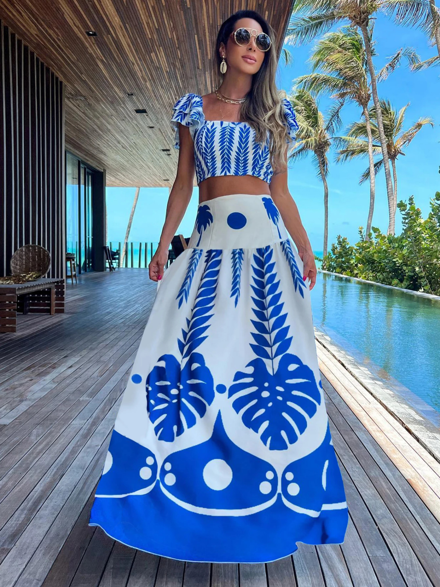 Print Beach Vacation Fashion Leaky Waist Crop Tops Long Dress Casual  Skirt Set