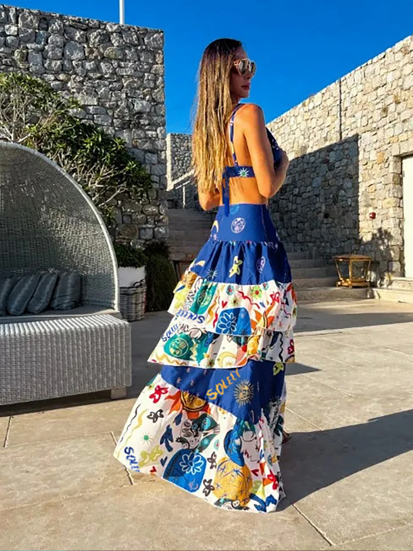 Print Beach Vacation Fashion Leaky Waist Crop Tops Long Dress Casual  Skirt Set