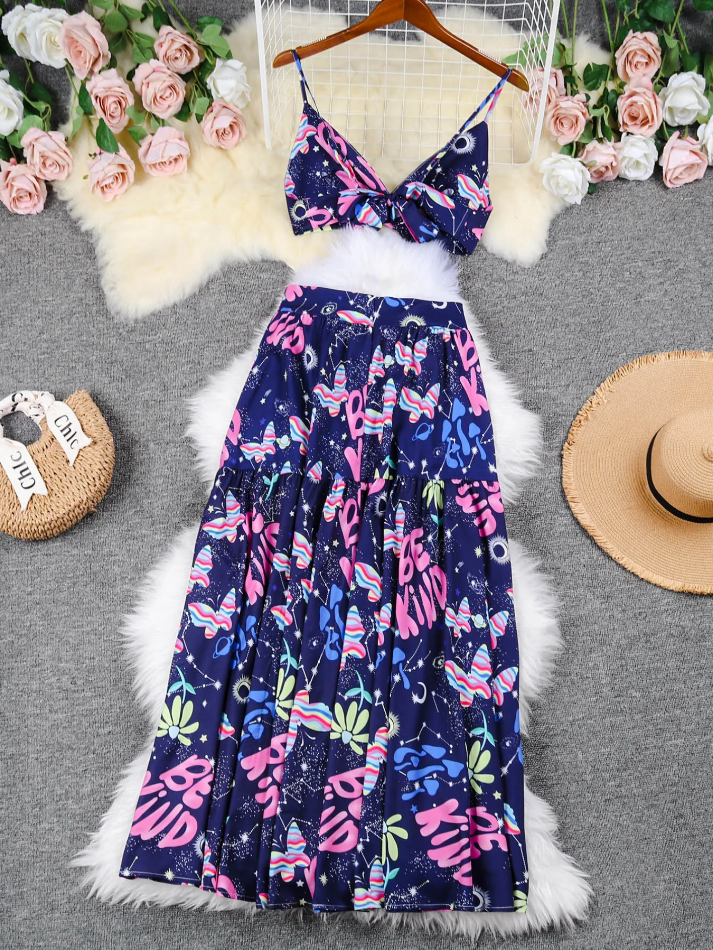 Print Beach Vacation Fashion Leaky Waist Crop Tops Long Dress Casual  Skirt Set