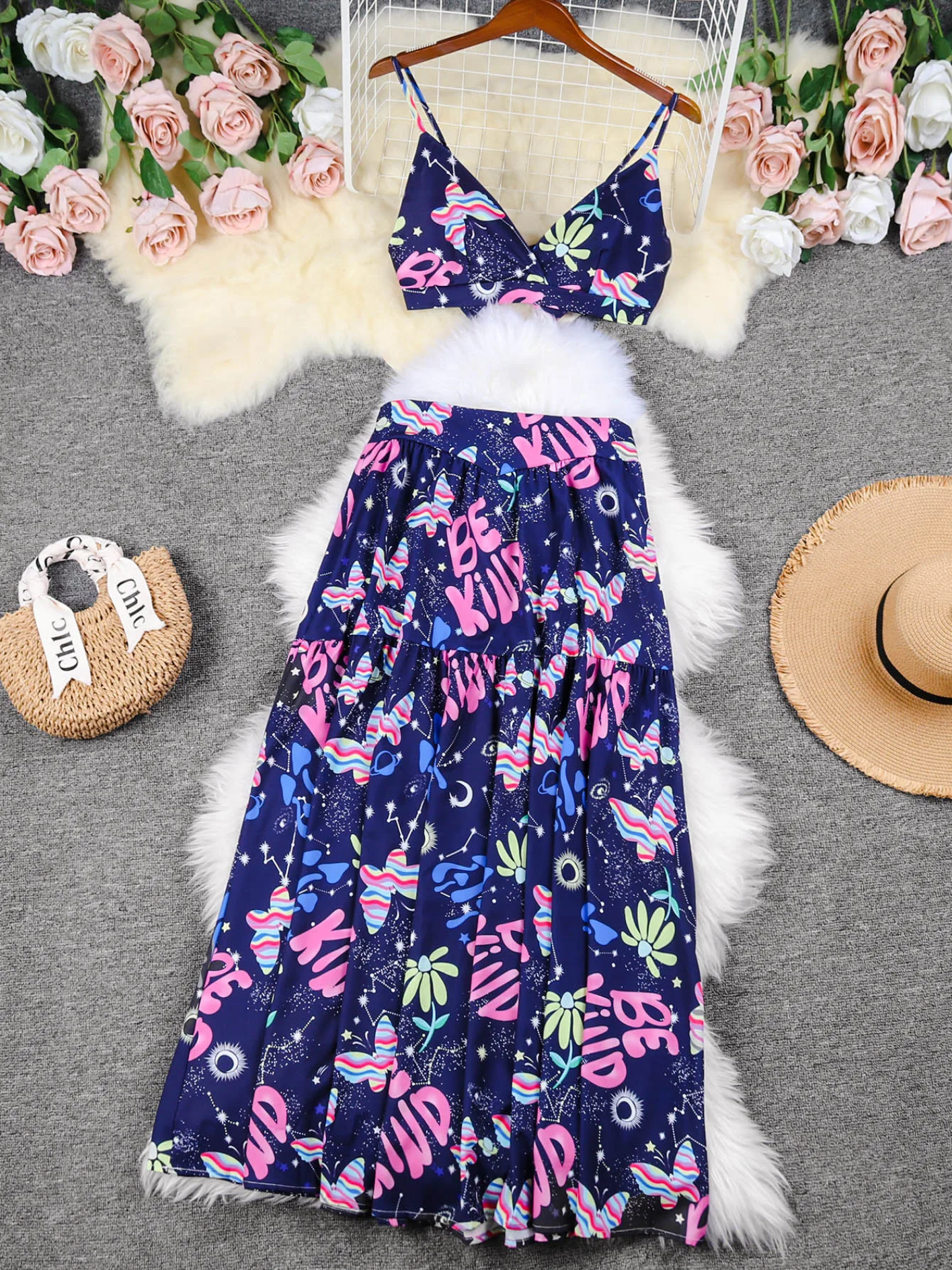 Print Beach Vacation Fashion Leaky Waist Crop Tops Long Dress Casual  Skirt Set