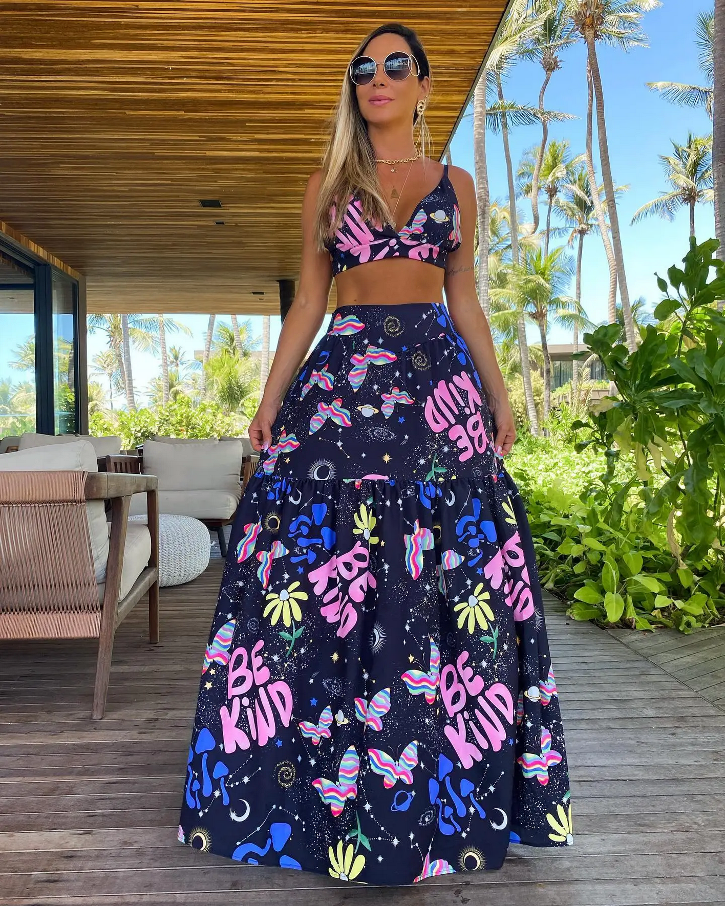 Print Beach Vacation Fashion Leaky Waist Crop Tops Long Dress Casual  Skirt Set