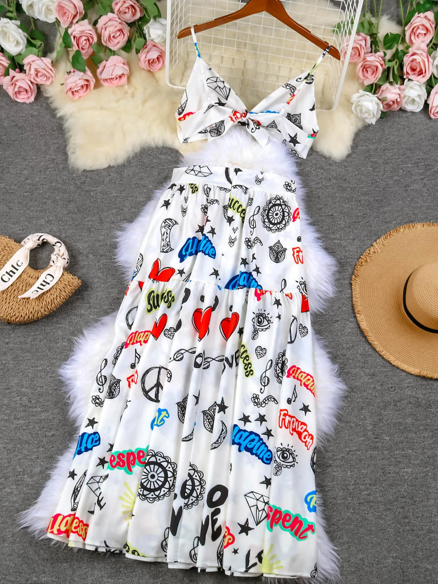 Print Beach Vacation Fashion Leaky Waist Crop Tops Long Dress Casual  Skirt Set