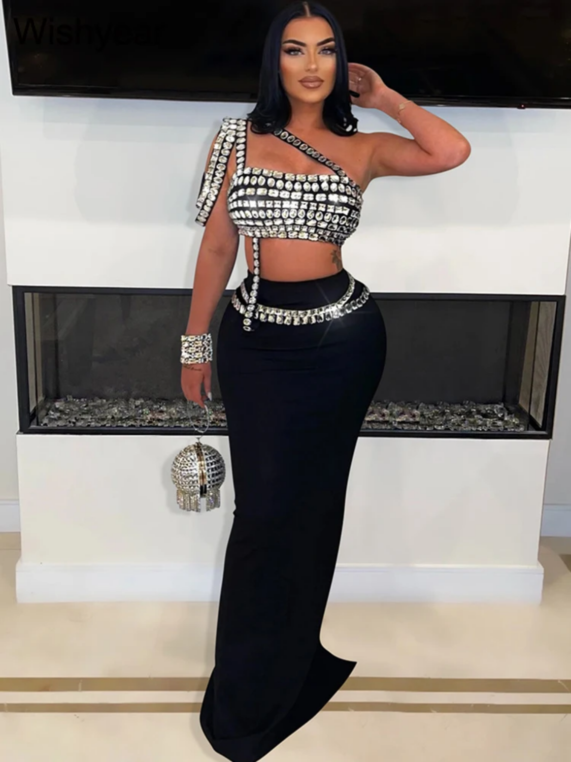 Sexy  Single Shoulder Diamonds Long Skirts and Crop Tops Two 2 Pieces Suit