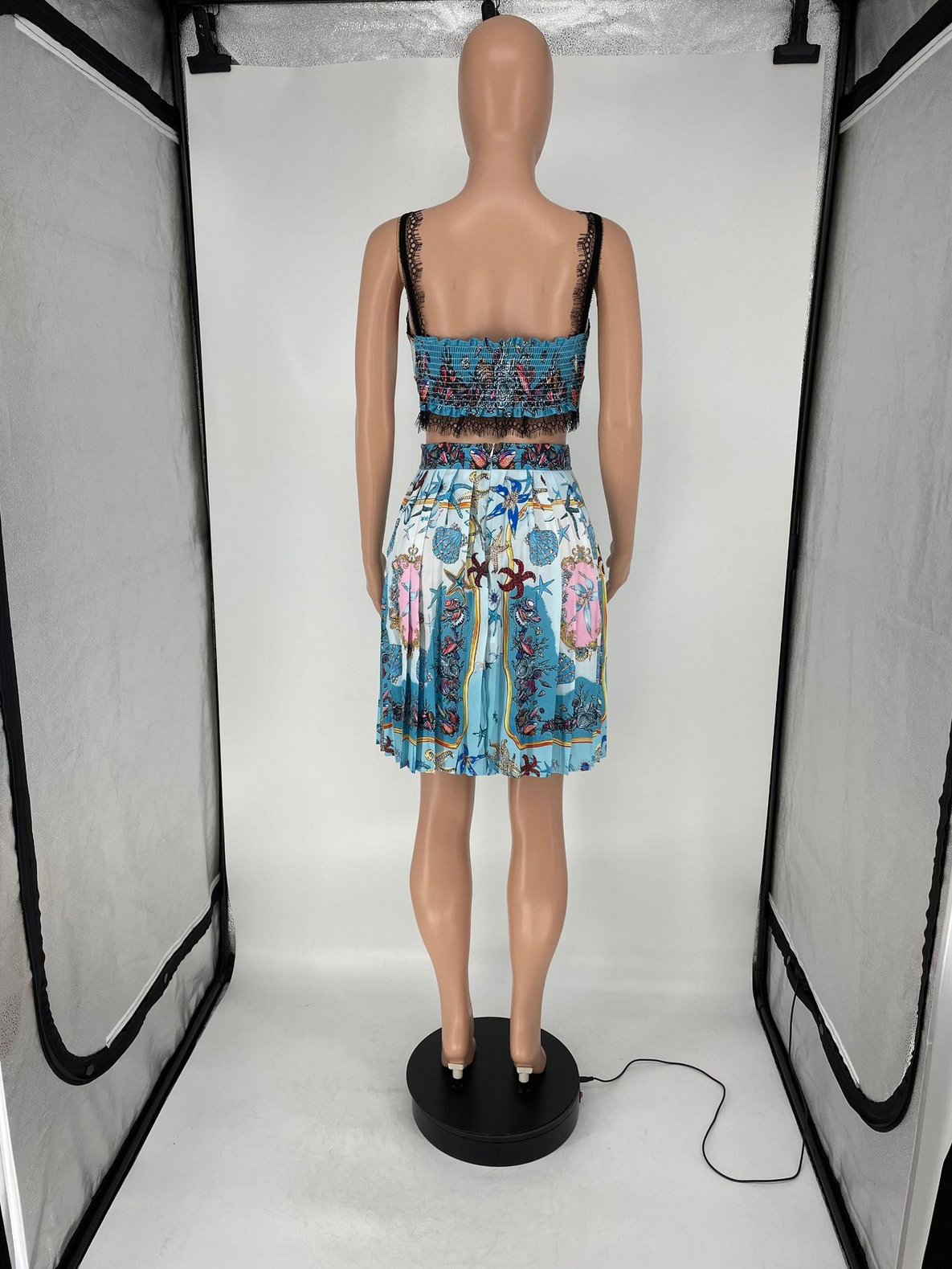 Elegant Paisley  Pleated High Waist Big Swing Skirt and Lace Patchwork Crop Top