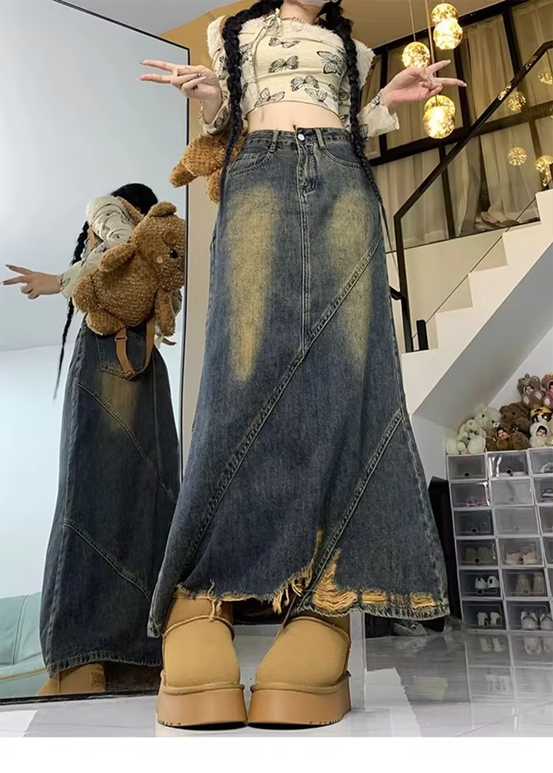 Spring Autumn  Chic Designed High Waist Solid Color A-line Denim Ripped Skirt