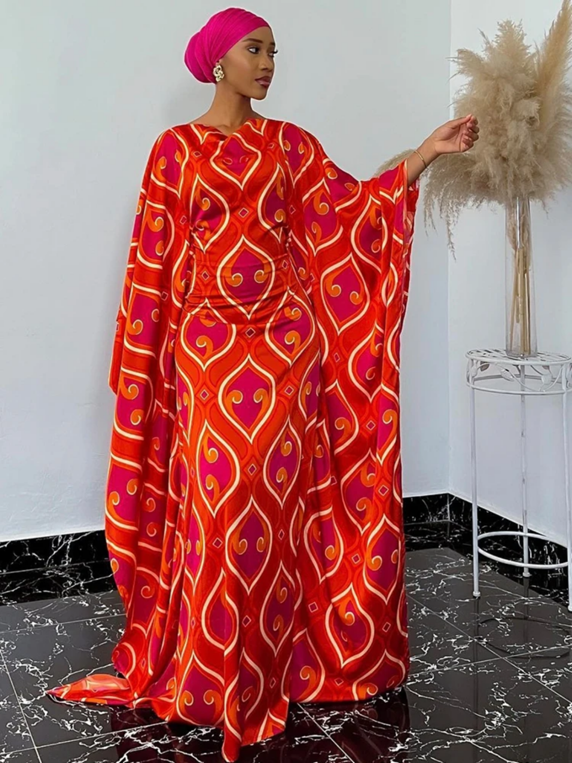 Stain Silk Printed African Women Traditional Wedding Clothing With Scarf