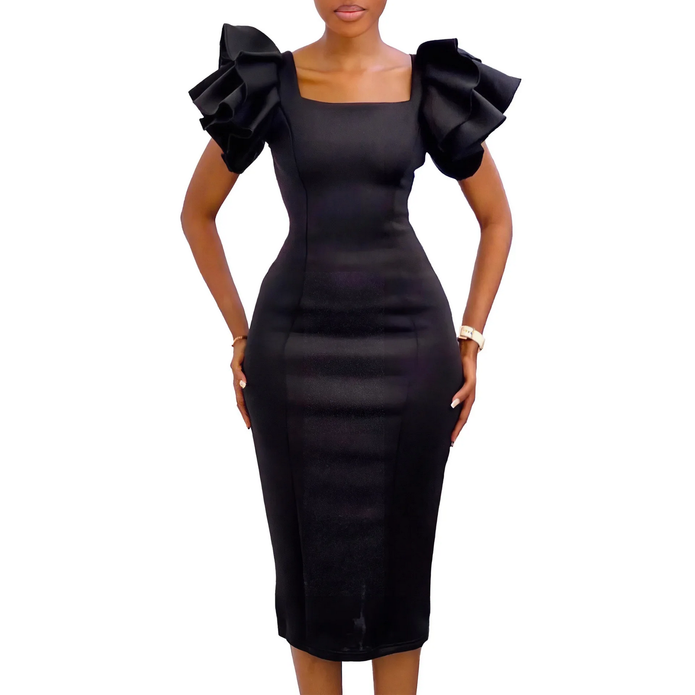 Square Neck Ruffles Sleeve Sheath  Mid Calf Professional Business Work Dress