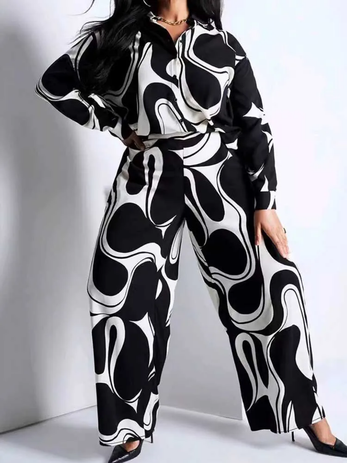 Autumn Winter Plus Size Elegant Curvy Long Sleeve Blouse and Trouser Casual Suits