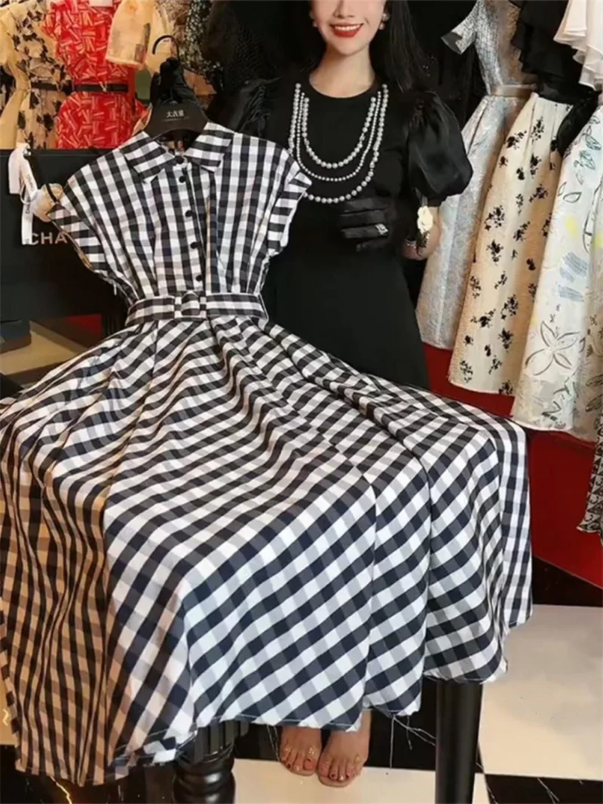 Summer French Elegant  Polo Collar High Waist Slim Plaid A-Line Dress