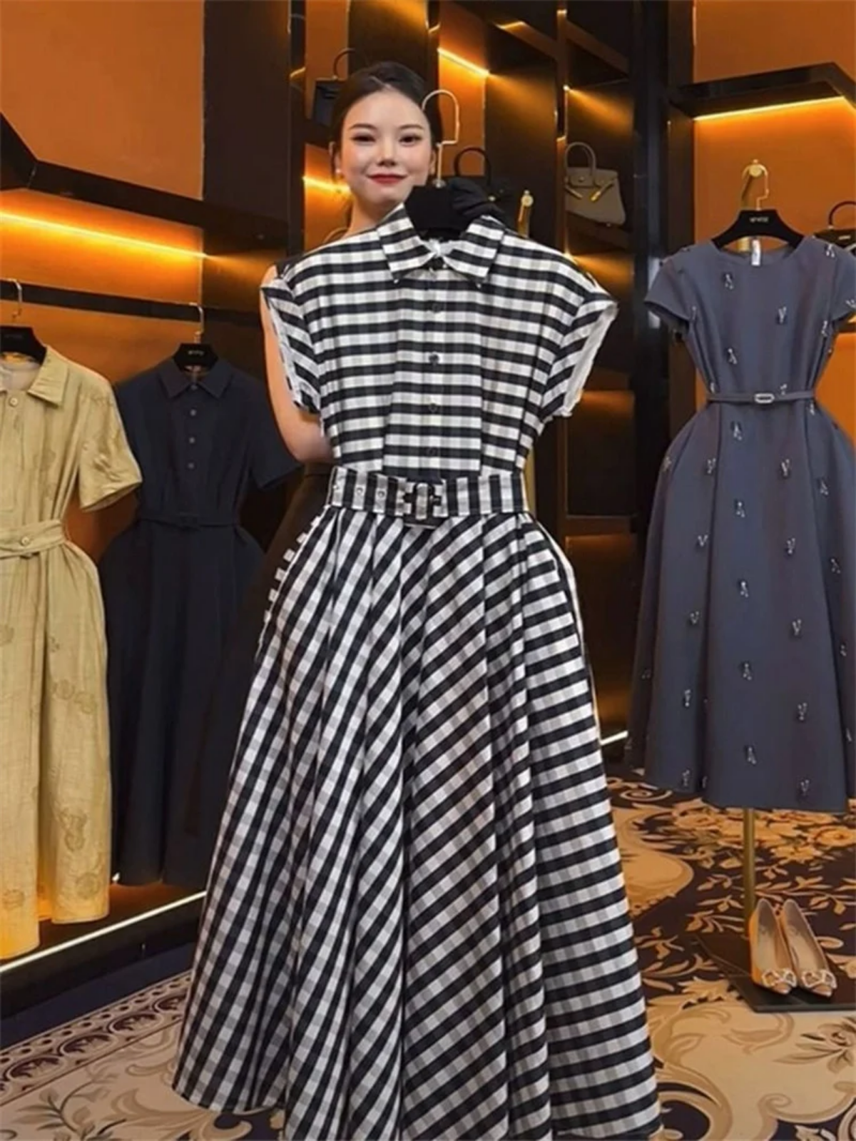 Summer French Elegant  Polo Collar High Waist Slim Plaid A-Line Dress