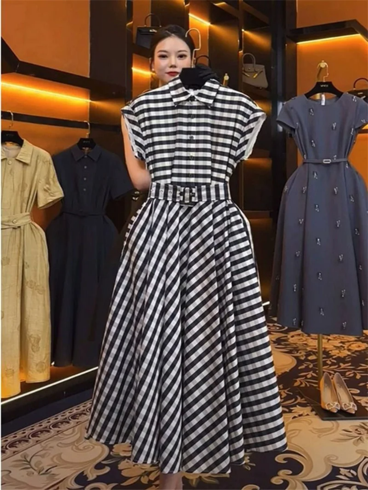 Summer French Elegant  Polo Collar High Waist Slim Plaid A-Line Dress