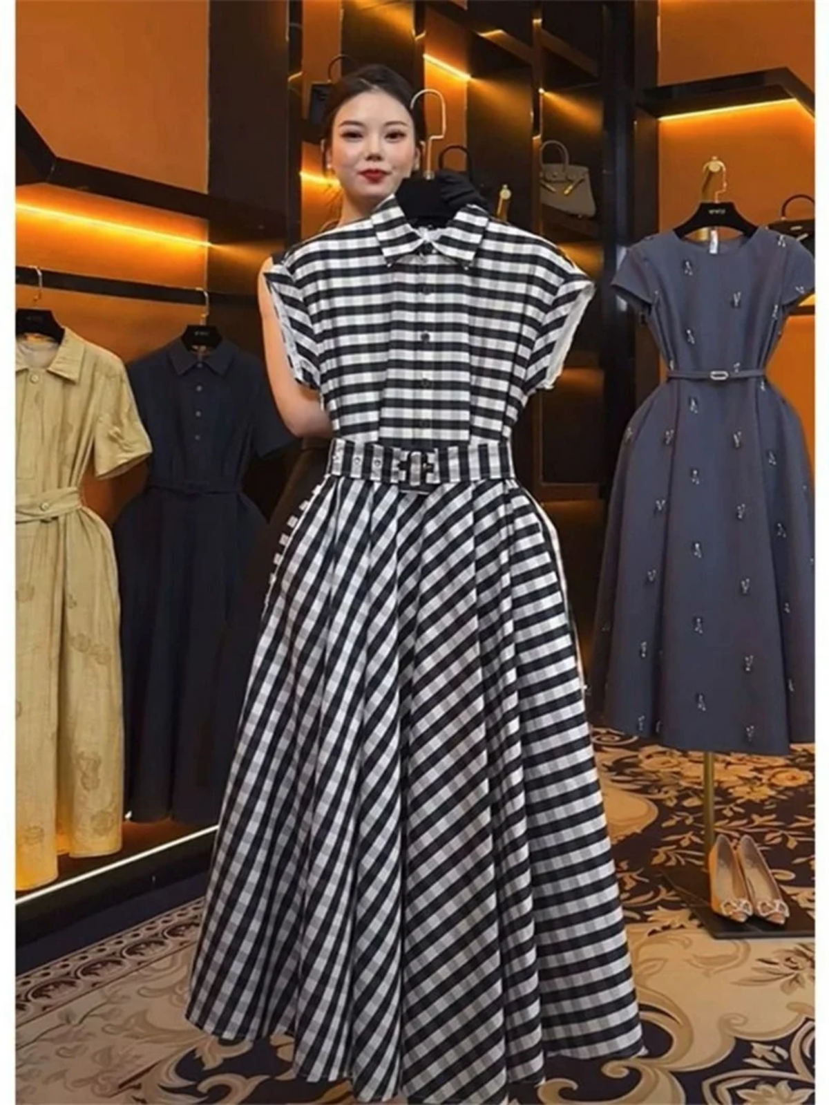 Summer French Elegant  Polo Collar High Waist Slim Plaid A-Line Dress