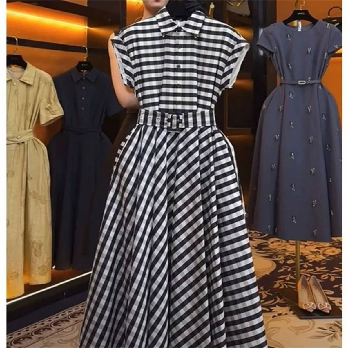 Summer French Elegant  Polo Collar High Waist Slim Plaid A-Line Dress