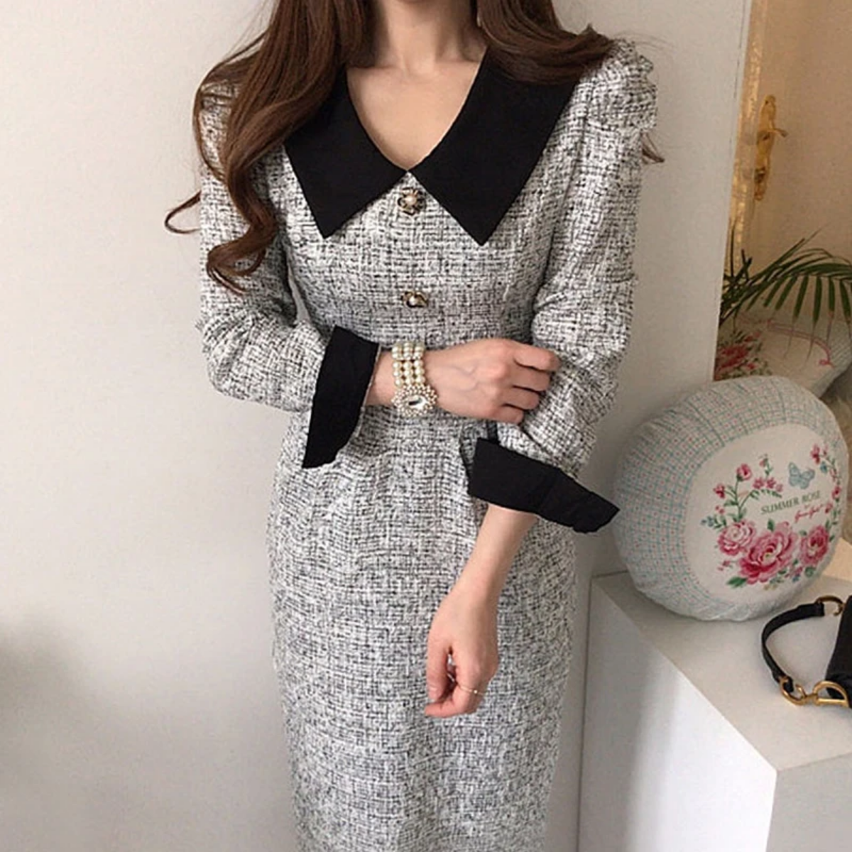 Contrast Color Chic Button Decoration  Pleated Thick Tweed Dresses