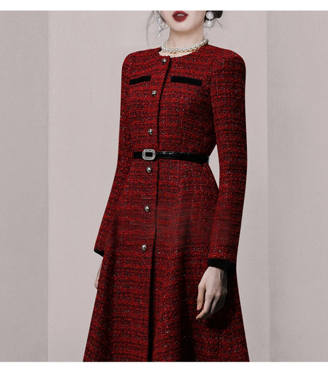 Autumn And Winter New Luxury Style Wine Red Tweed Midi Dress