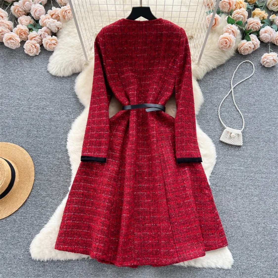 Autumn And Winter New Luxury Style Wine Red Tweed Midi Dress