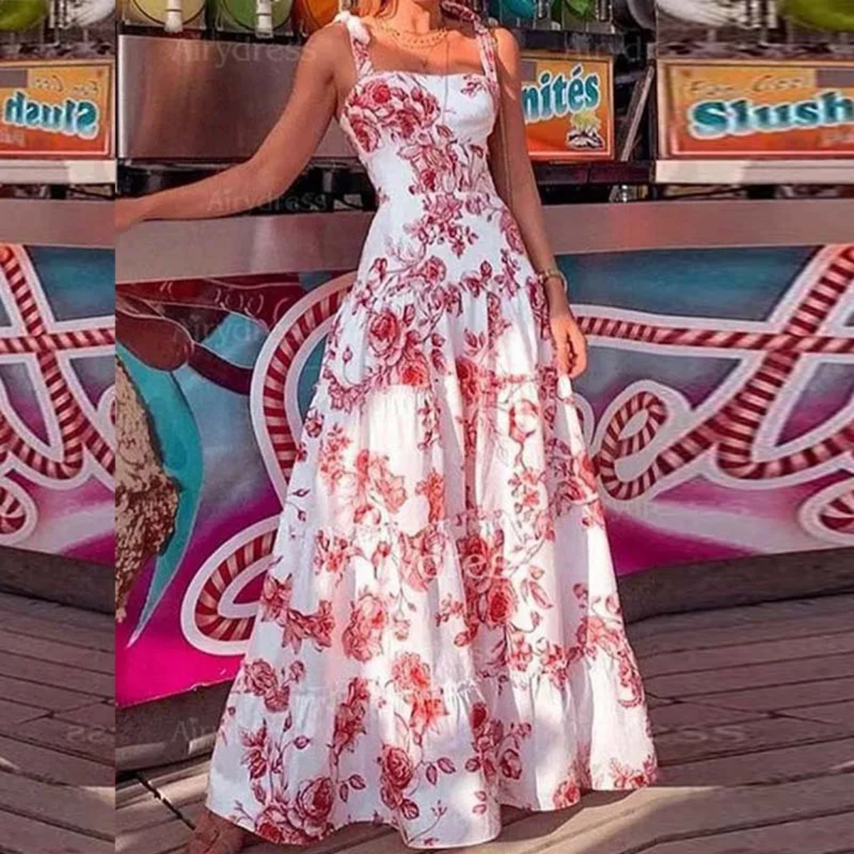 Summer Boho Beach Party Flower Printed Spaghetti Strap High WaistMaxi Dress