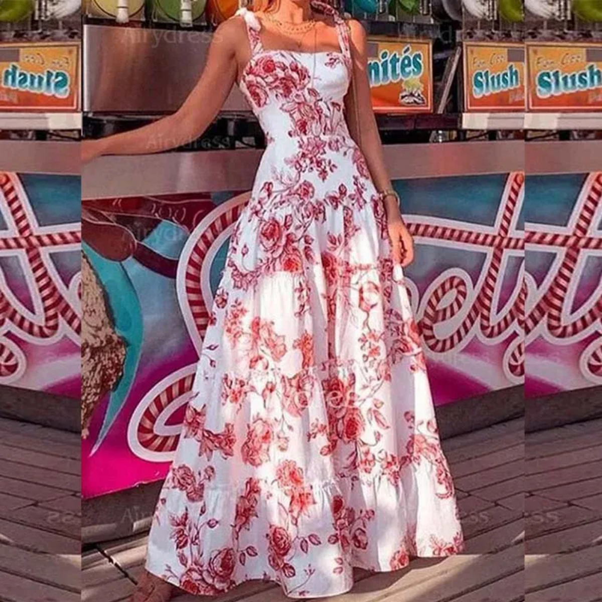 Summer Boho Beach Party Flower Printed Spaghetti Strap High WaistMaxi Dress