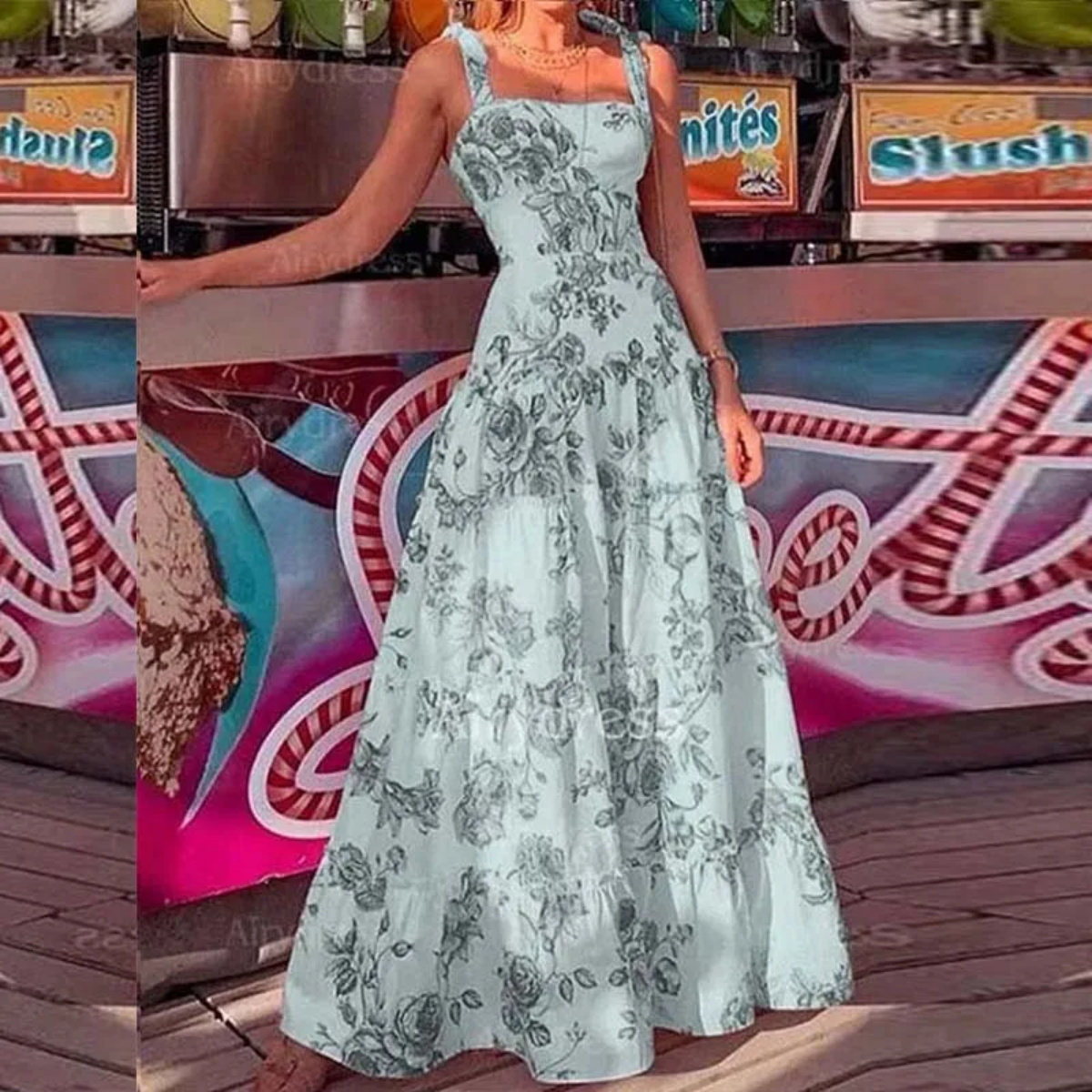 Summer Boho Beach Party Flower Printed Spaghetti Strap High WaistMaxi Dress