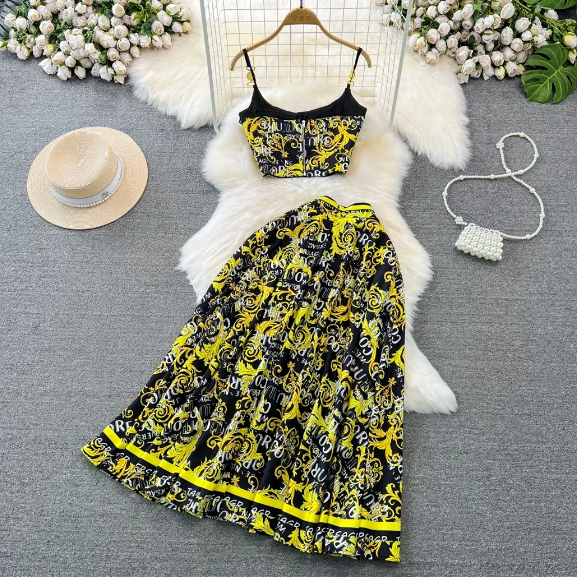 Fashion Summer Print Tank Top High Waist A-line Pleat Two Piece Sets