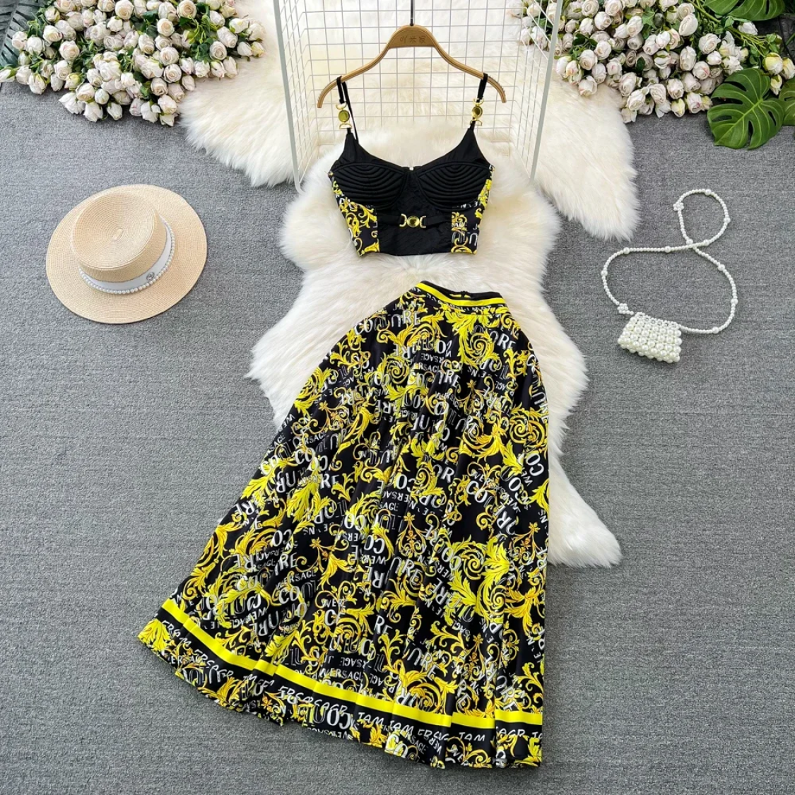 Fashion Summer Print Tank Top High Waist A-line Pleat Two Piece Sets