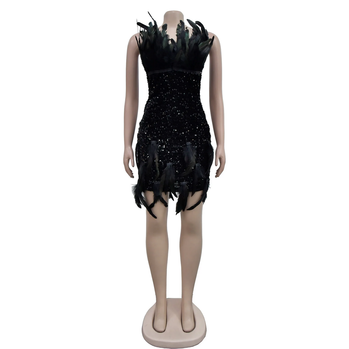 Feather Sequins Design Sexy Strapless Mini Dress