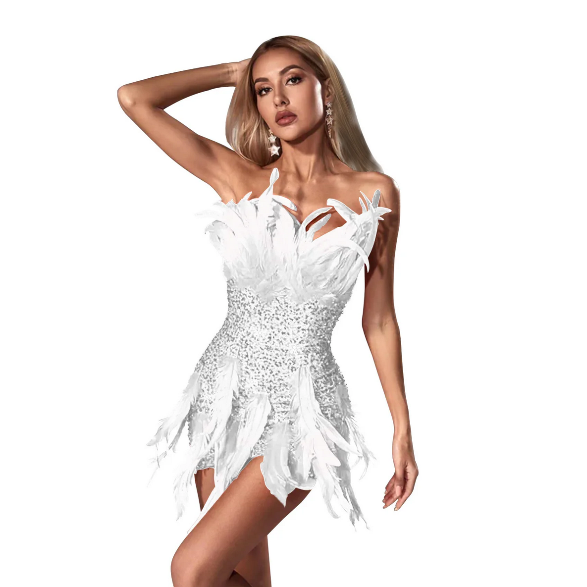 Feather Sequins Design Sexy Strapless Mini Dress