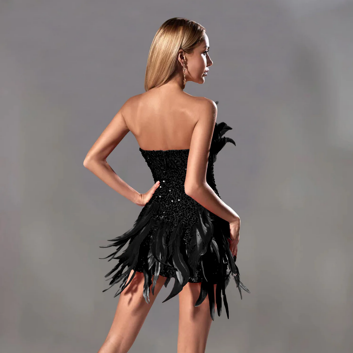 Feather Sequins Design Sexy Strapless Mini Dress