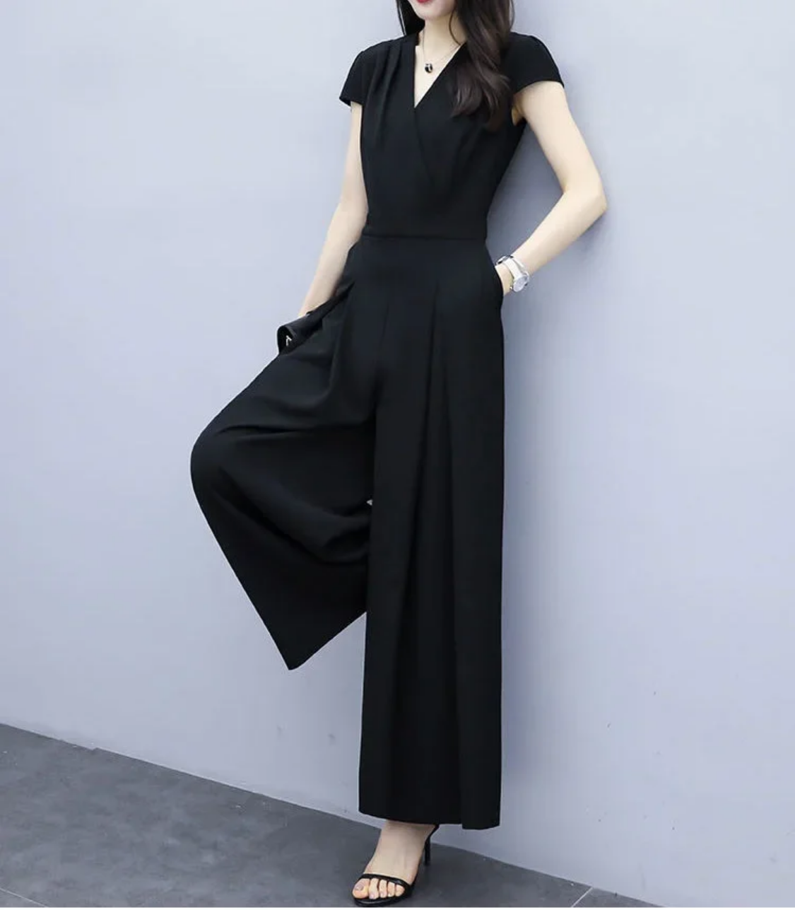 2024 Summer Casual Fashion Black Wide Leg Jumpsuit