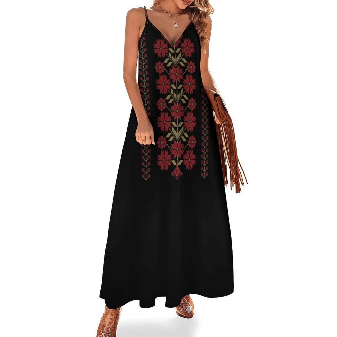 Embroidery Flowers Pattern Design Sleeveless Dress