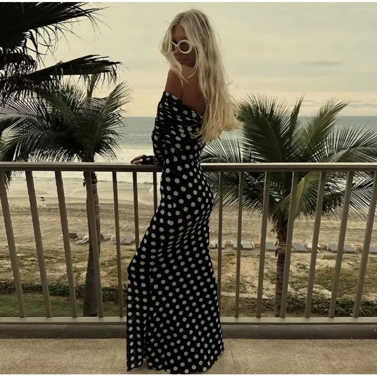 Sexy Polka Dots Print Off Shoulder Patchwork Maxi Dress