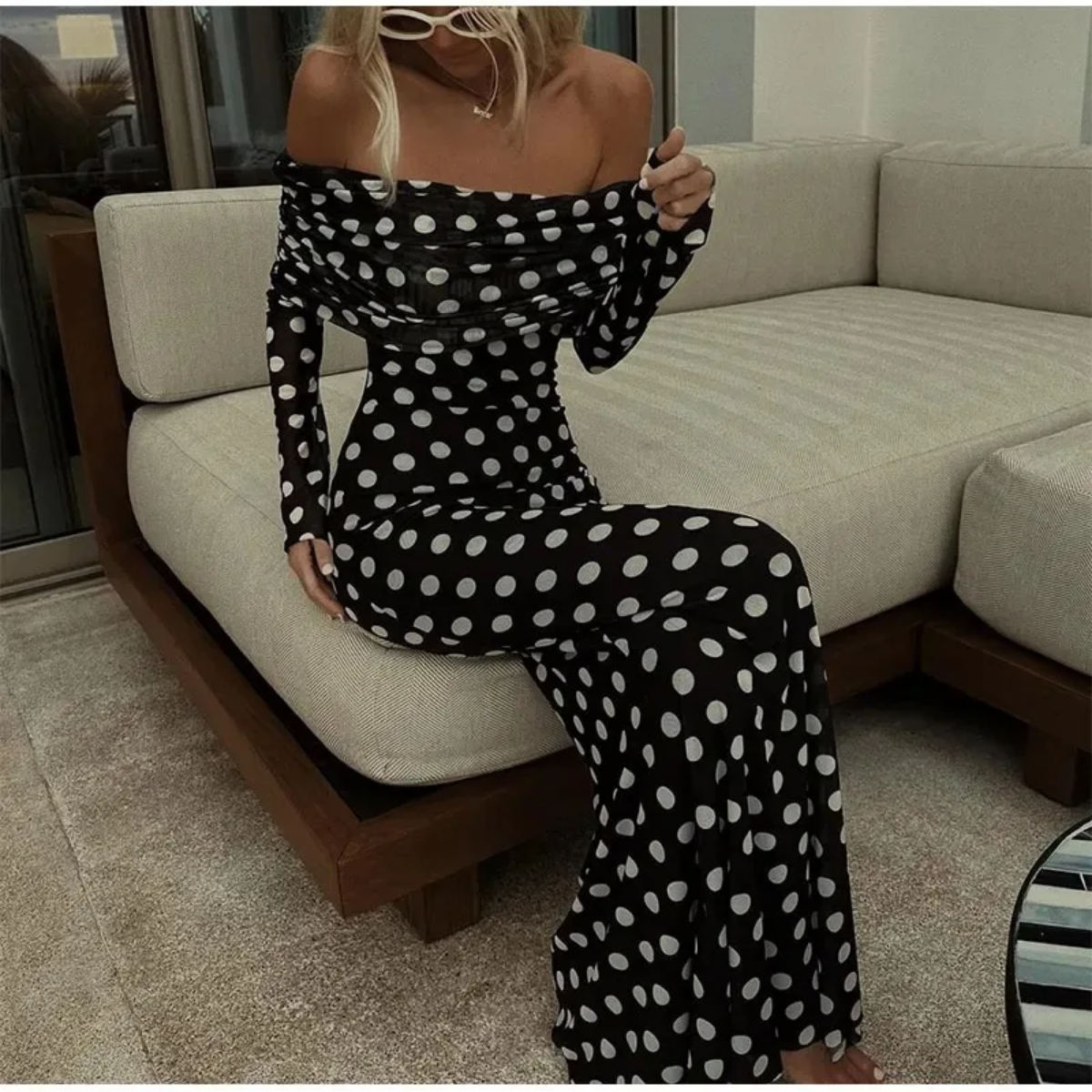 Sexy Polka Dots Print Off Shoulder Patchwork Maxi Dress