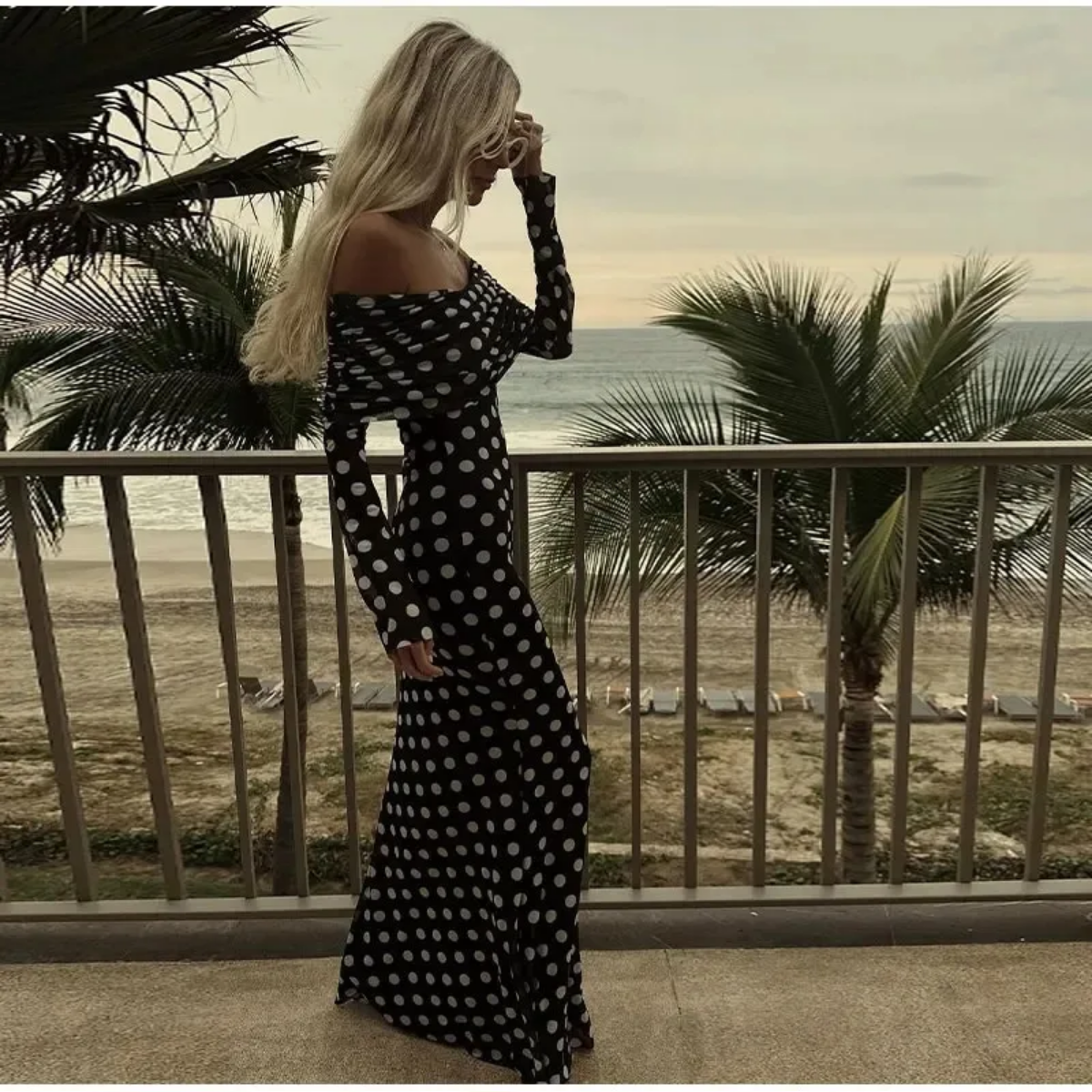 Sexy Polka Dots Print Off Shoulder Patchwork Maxi Dress